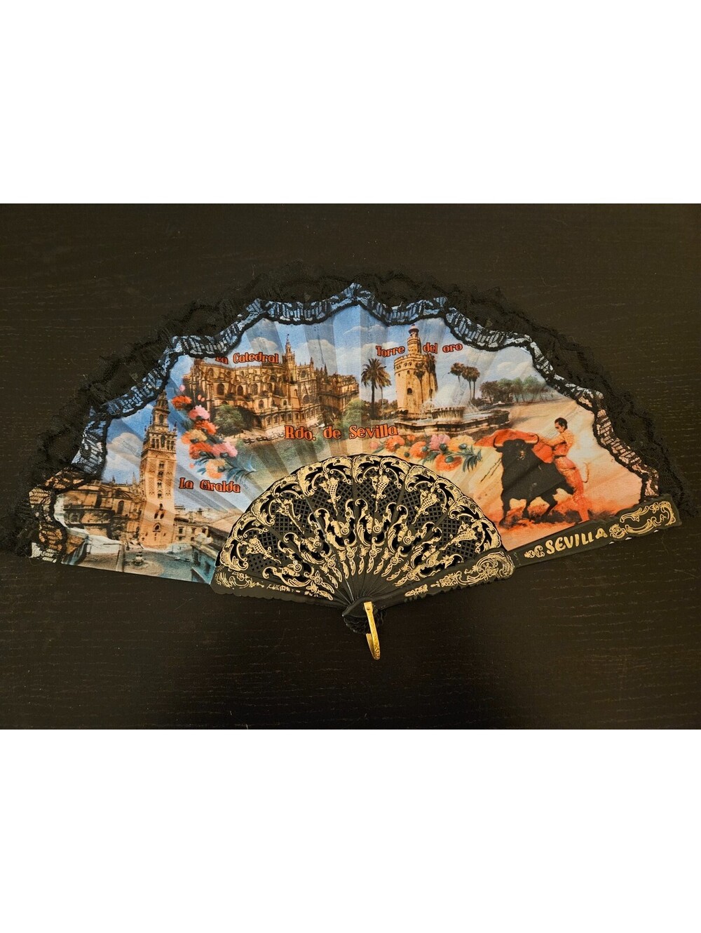 Vintage Hand Fan Black Lace/ Acrylic/ Cloth Panels from Sevilla Spain